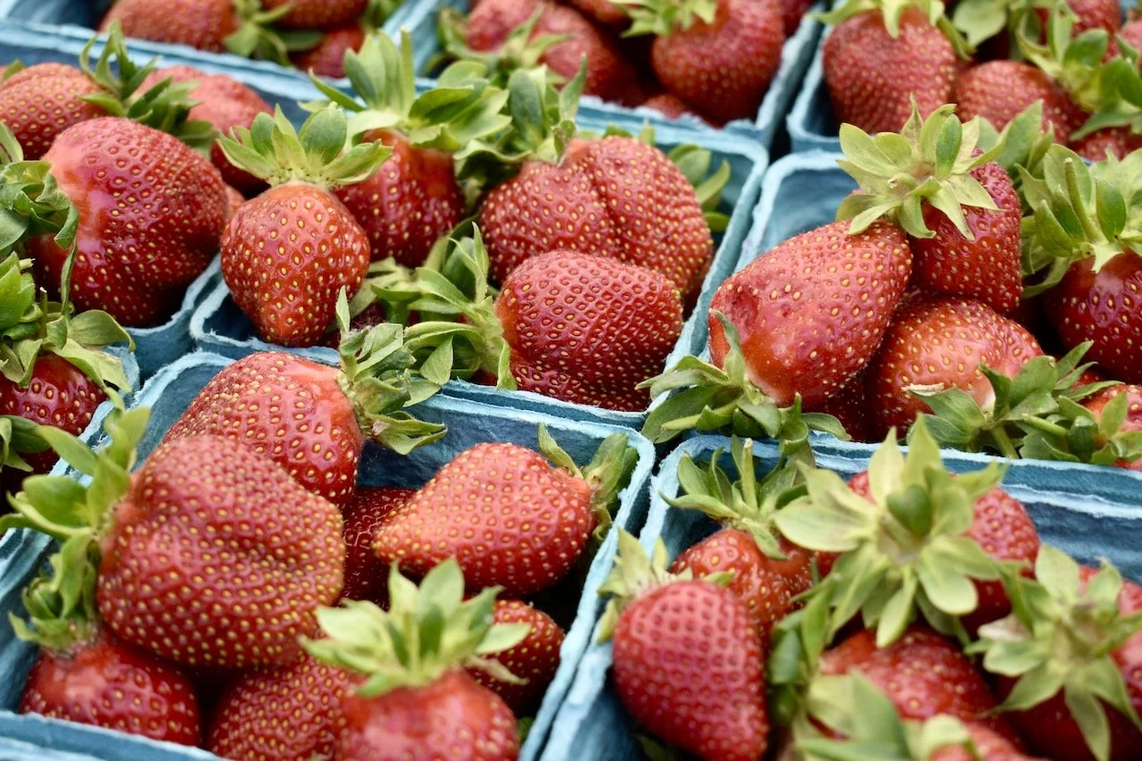 A close-up view of red strawberries in blue paper boxes