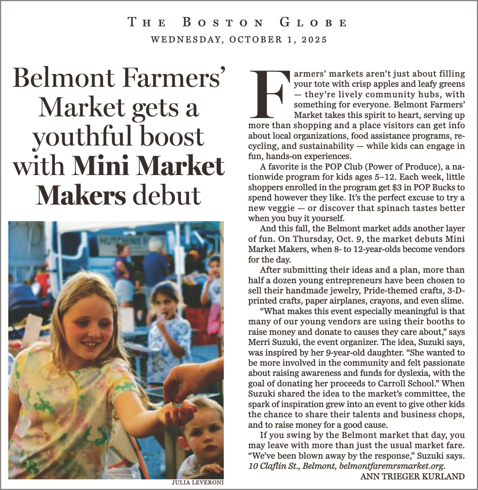 Image of the Boston Globe article, featuring a photo of a young girl getting change from a vendor