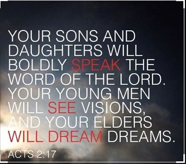 Dream Big &lsquo;In the last days,&rsquo; God says, &lsquo;I will pour out my Spirit upon all people. Your sons and daughters will prophesy. Your young men will see visions, and your old men will dream dreams. (NLT) ( Acts 2:17 ) 
Apart of what the S