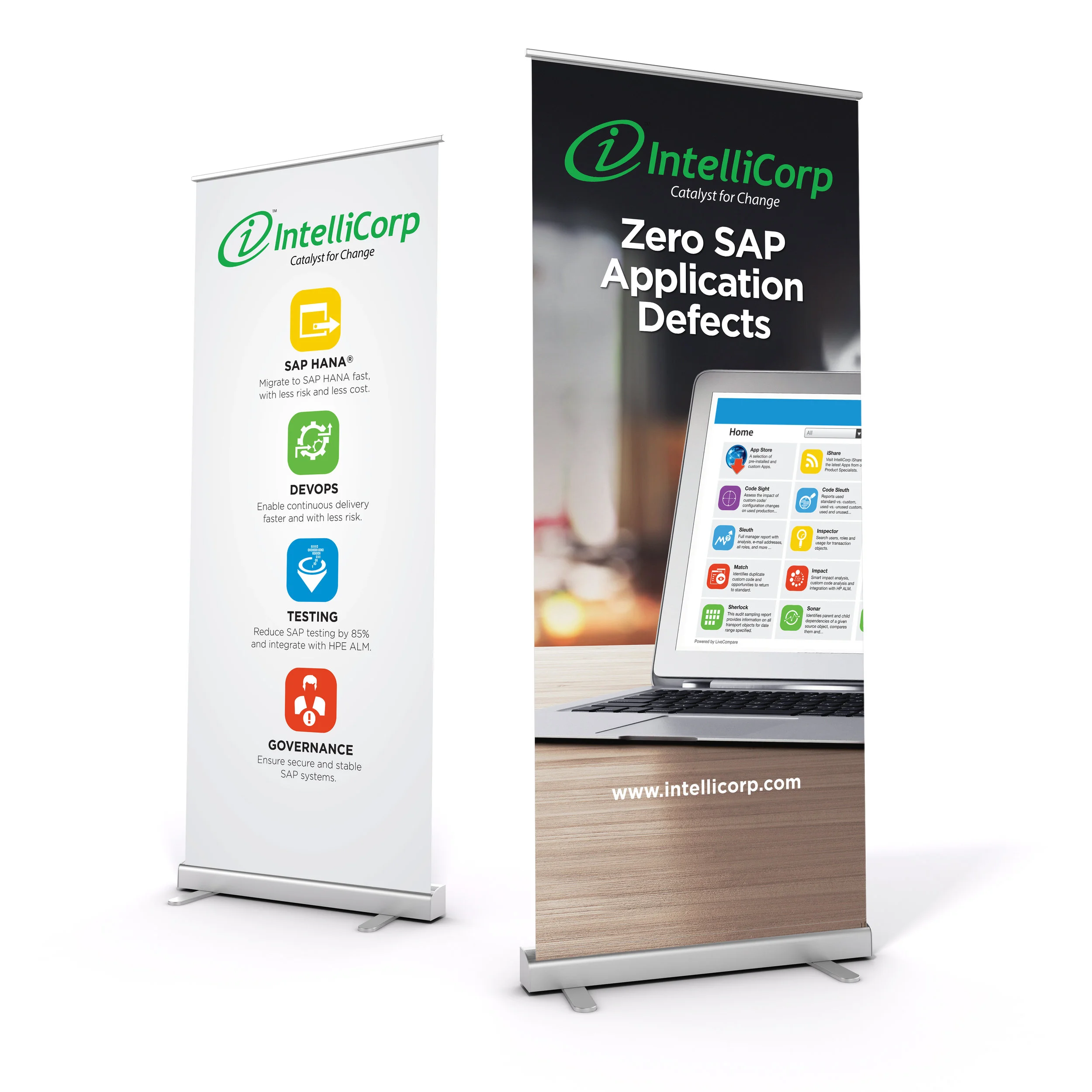 Two vertical banners with company branding and information. The left banner has a white background with green, yellow, blue, and red icons and text about SAP solutions. The right banner has a black top with green and white text and an image of a lapt