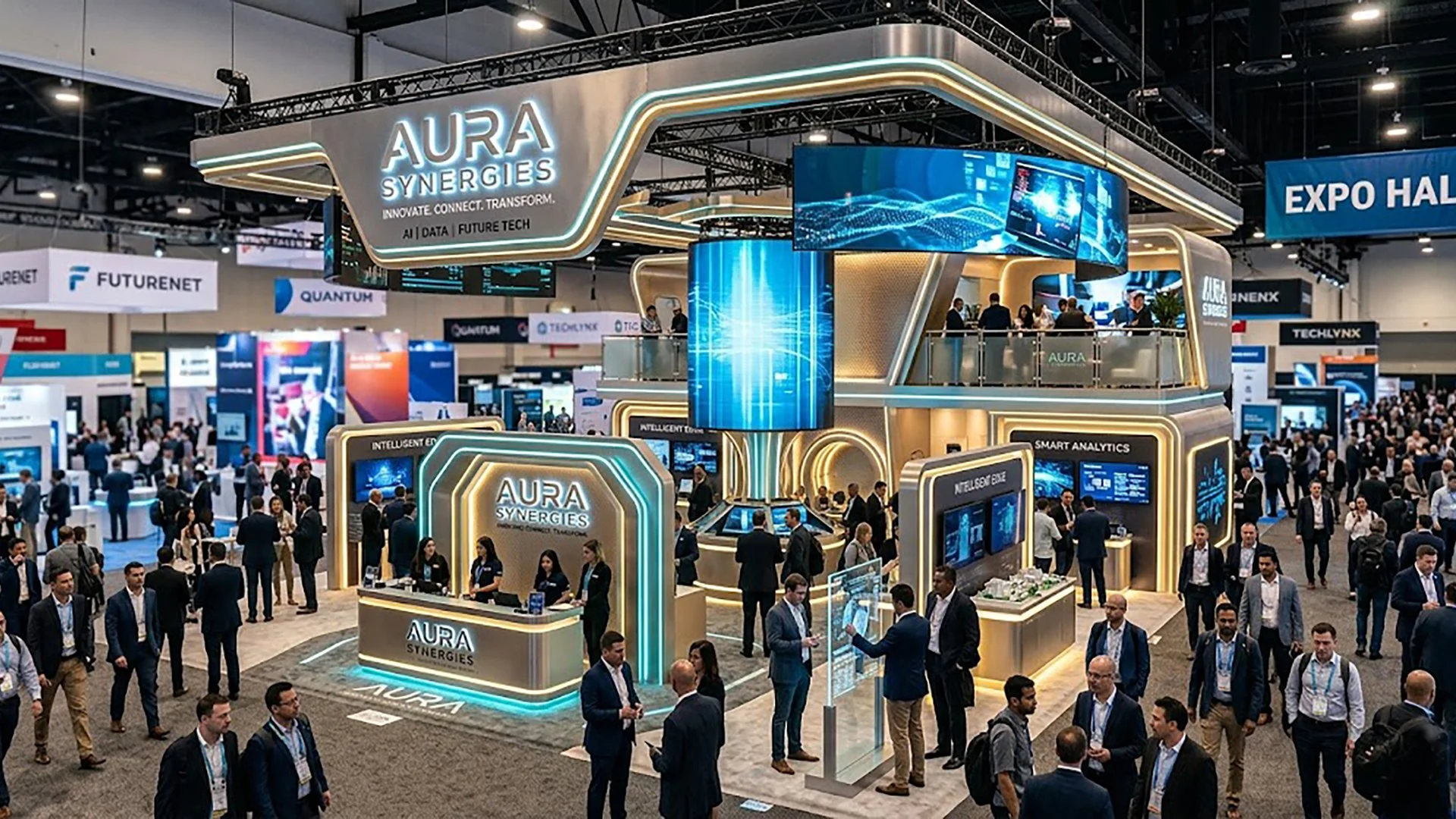 A bustling at a technology trade show with a large booth labeled 'AURA SYNERGIES' featuring digital screens and attendees engaging with displays.
