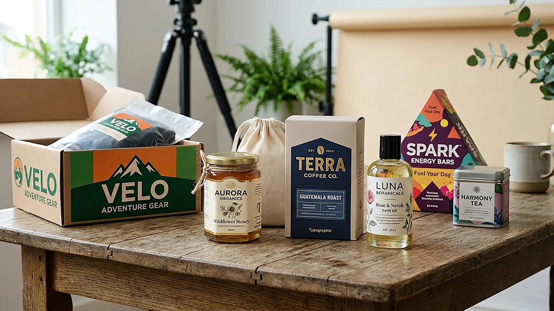 A wooden table with various products including a Velo adventure gear box, Aurora Organics wildflower honey jar, Terra Guatemala roast coffee, Luna Botanicals bath oil, Spark energy bars, and Harmony Tea tin. In the background, there are green plants 