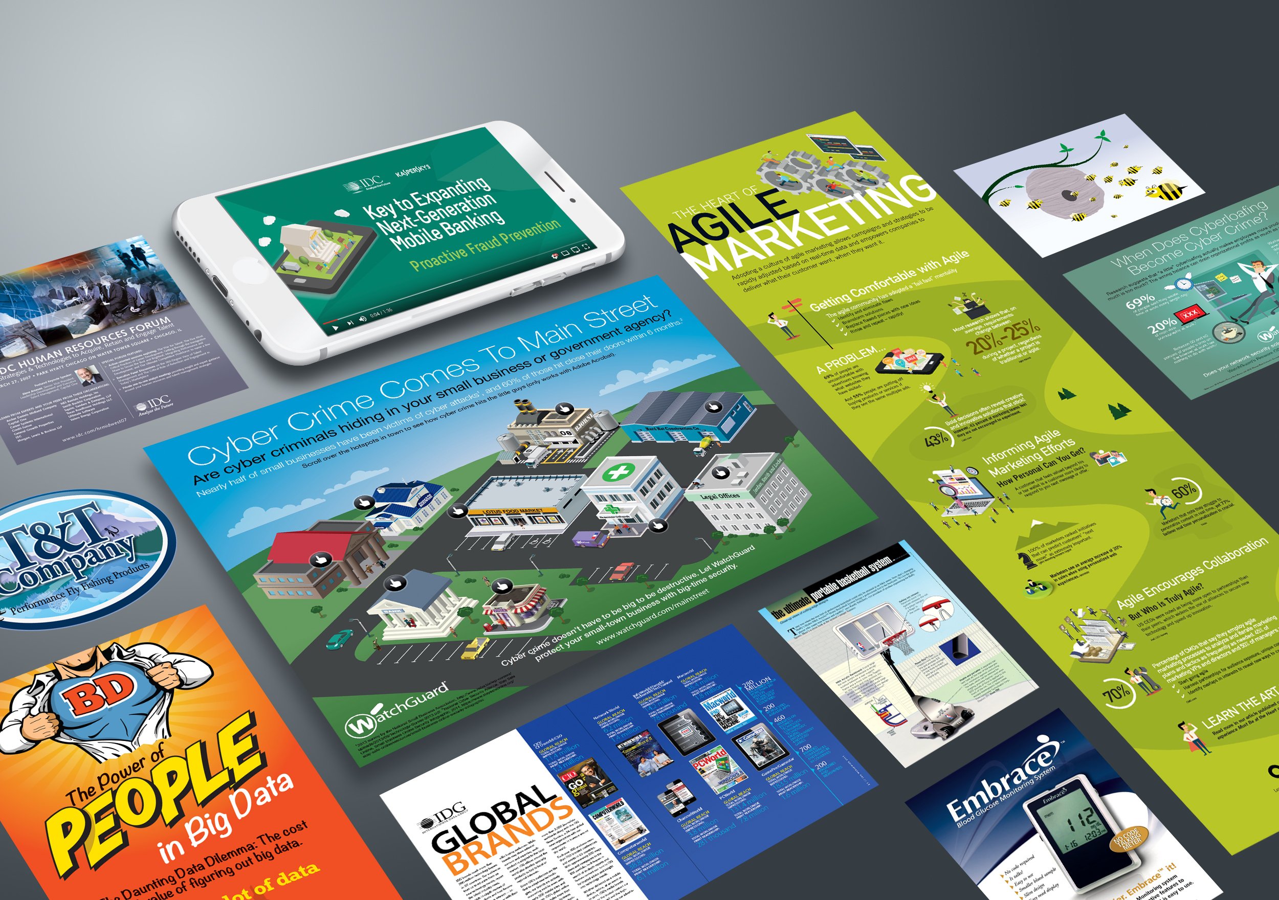 Collection of business infographics and advertisements on a gray surface, including a white smartphone displaying a presentation, all related to marketing, cybersecurity, blockchain, and technology topics.