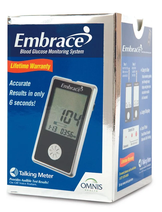 Box for Embrace Blood Glucose Monitoring System with talking meter, lifetime warranty, and accurate results in 6 seconds.