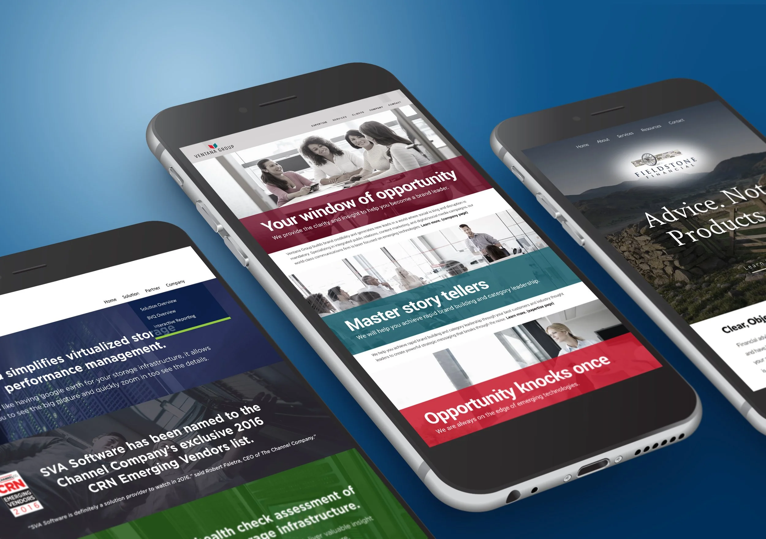 Three smartphones displaying different business websites on a blue background.