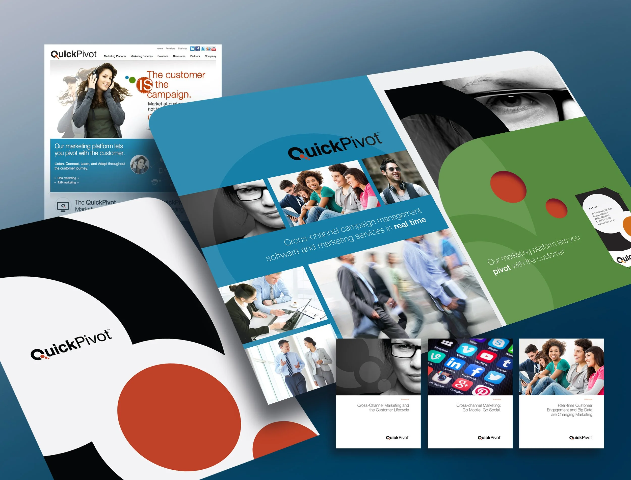 Brochures and flyers for QuickPivot marketing platform featuring images of diverse people, technology icons, and branding elements in various colors.
