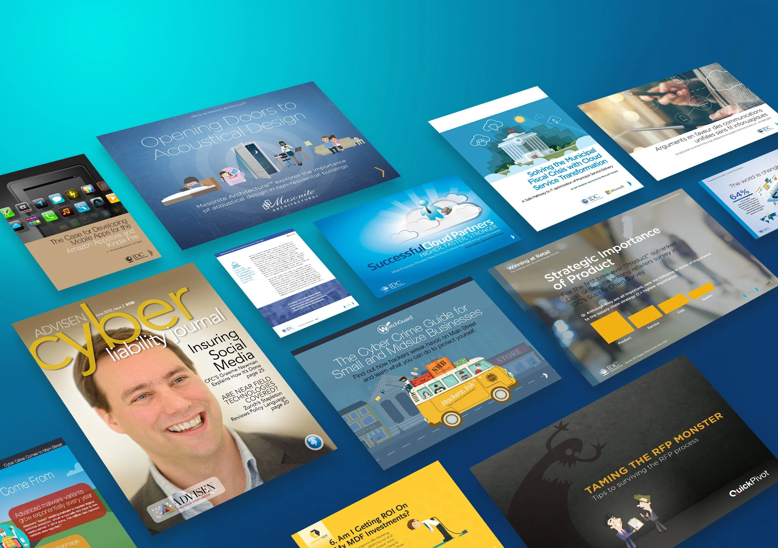 Collection of business and technology presentation slides on a blue background, including topics like cybersecurity, cloud services, social media, and market analysis.