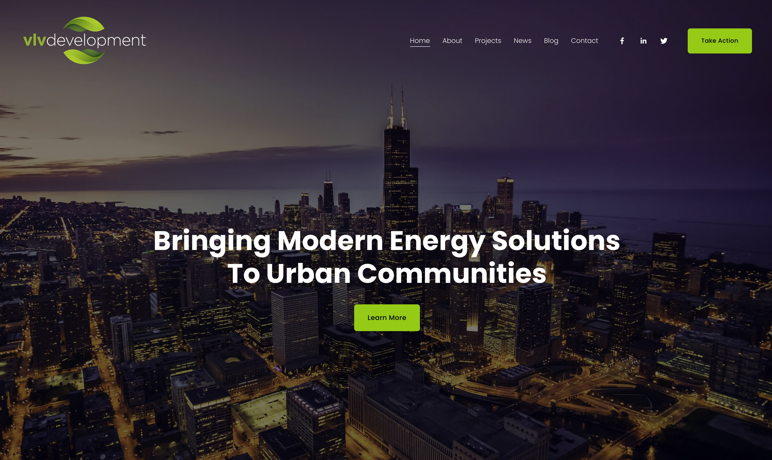 Homepage of a website for VLVD development featuring a cityscape at dusk, with a darkening sky and illuminated buildings, and a navigation menu at the top with options such as Home, About, Projects, News, Blog, Contact, and social media icons. There 