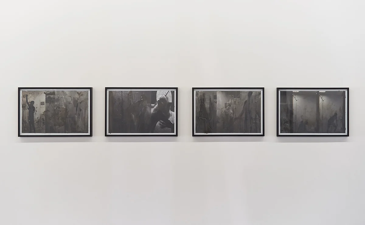Nick Herman Traplines Trap 1 - 4 , 2019 Composited video stills. Archival inkjet print and mixed media. From a series of 16 total. 12 3/4 x 18 3/4 x 1 1/4 inches (32.4 x 47.6 x 3.2 cm) each