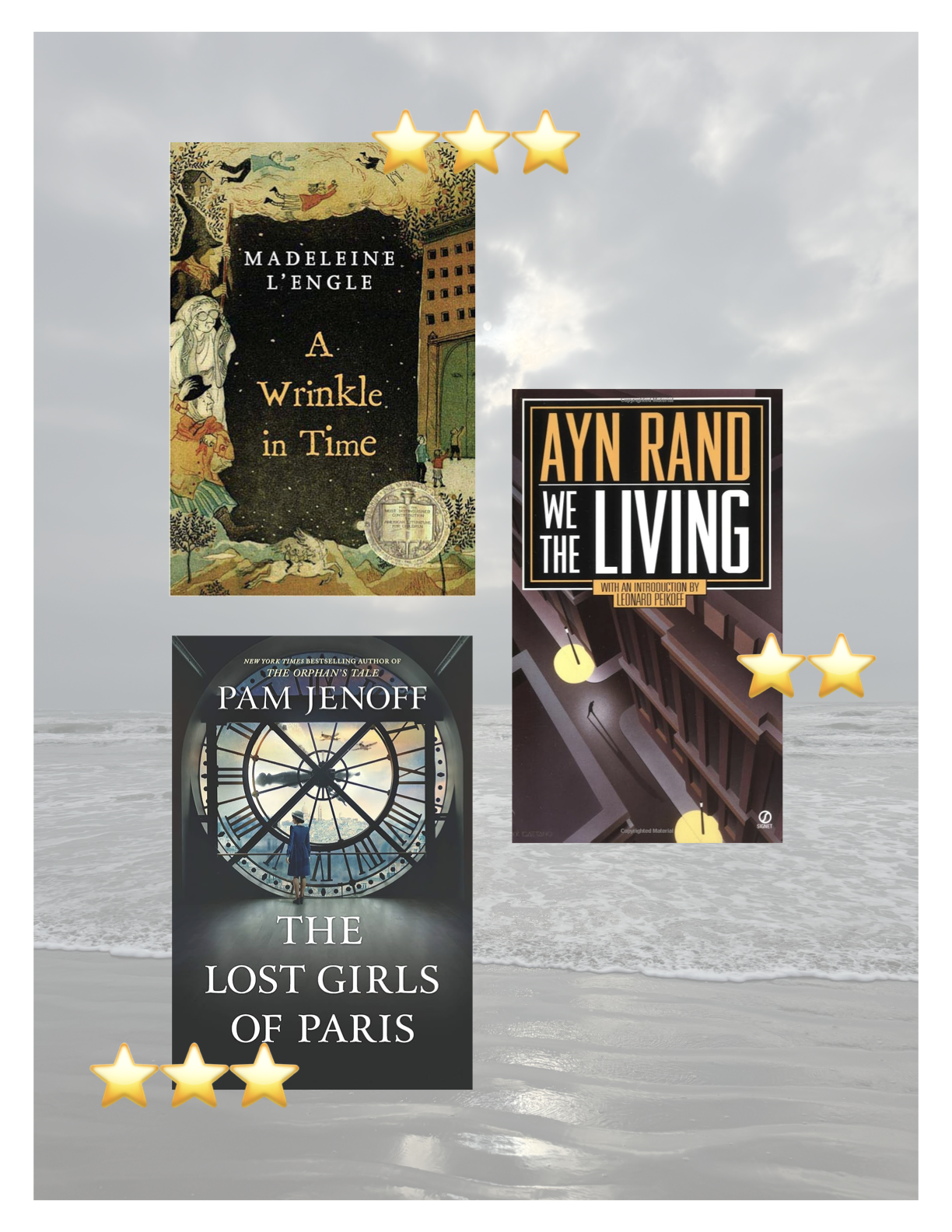 Cover images of books read in February. A Wrinkle in Time (top left), The Lost Girls of Paris (bottom left), We the Living (middle right)