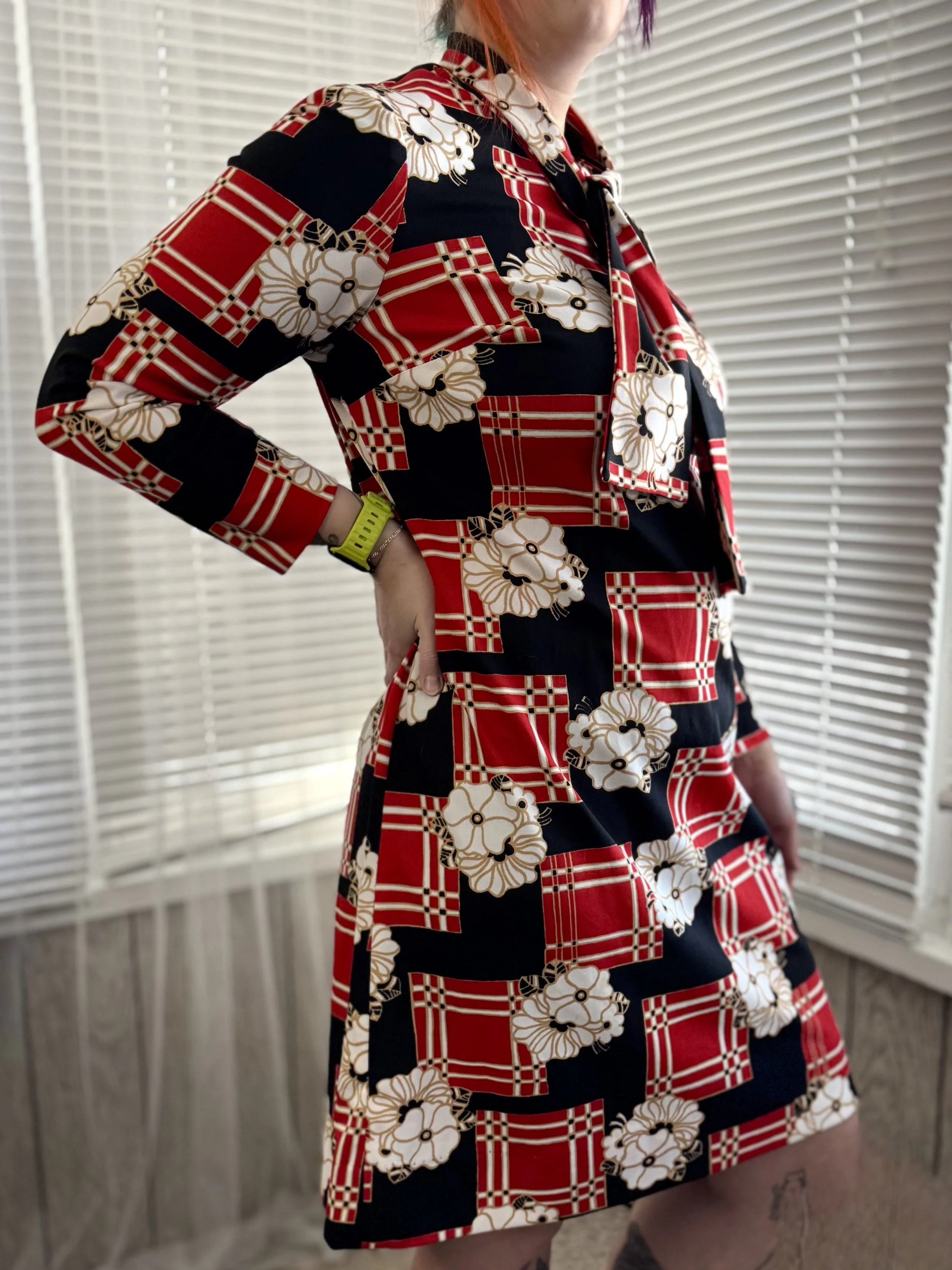 Henry-Lee Floral and Block Print Dress with Neck Tie