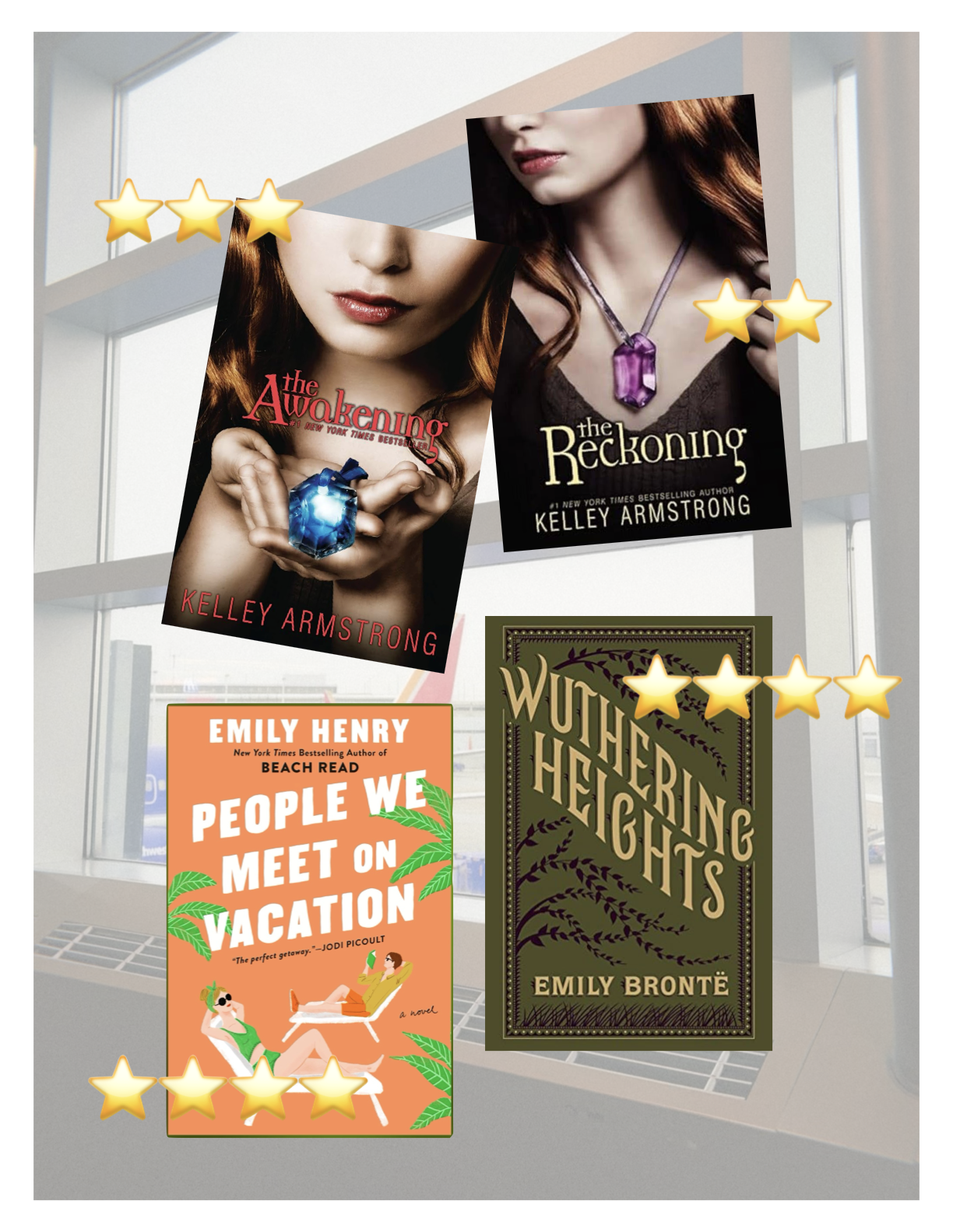 Cover images of books read in January. Top (L to R) - The Awakening, The Reckoning; Bottom (Line to R) - People We Meet on Vacation, Withering Heights