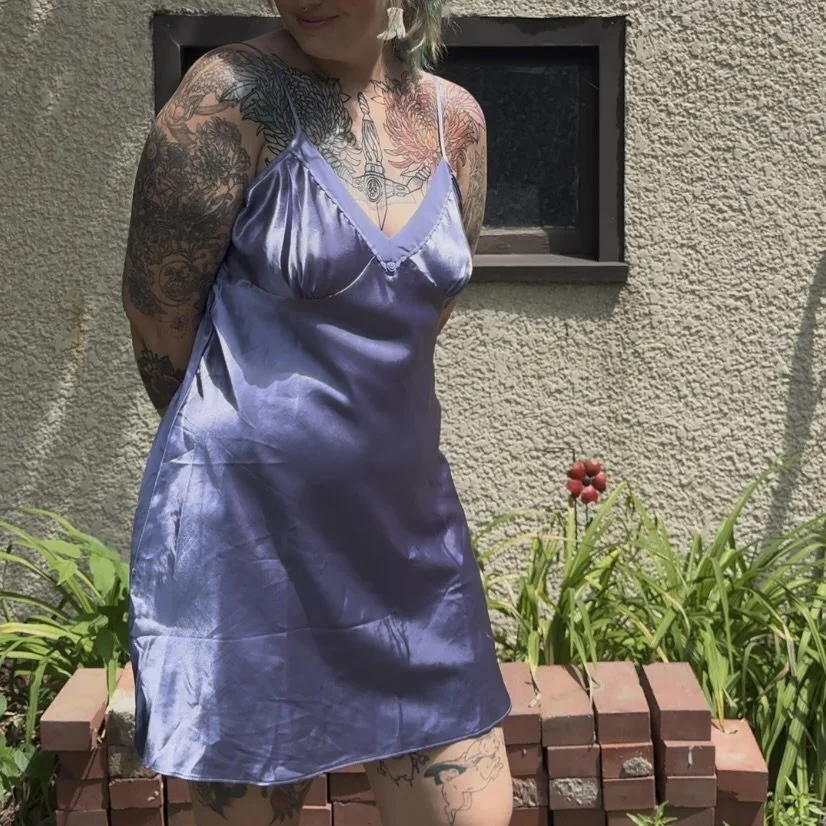 lavender opaque slip dress shown styled by itself