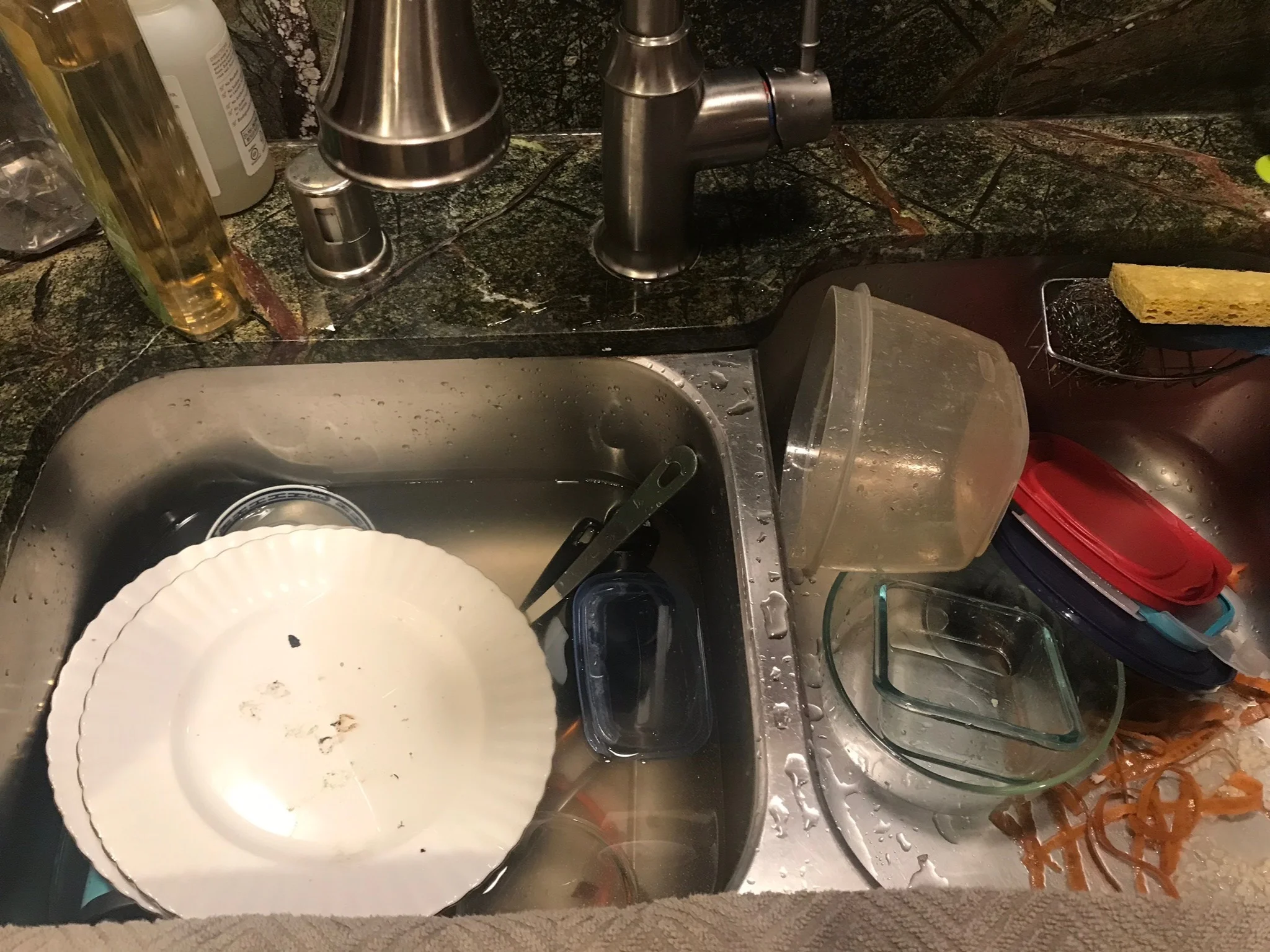 Left side: soak and scrub Right side: awaiting rinse