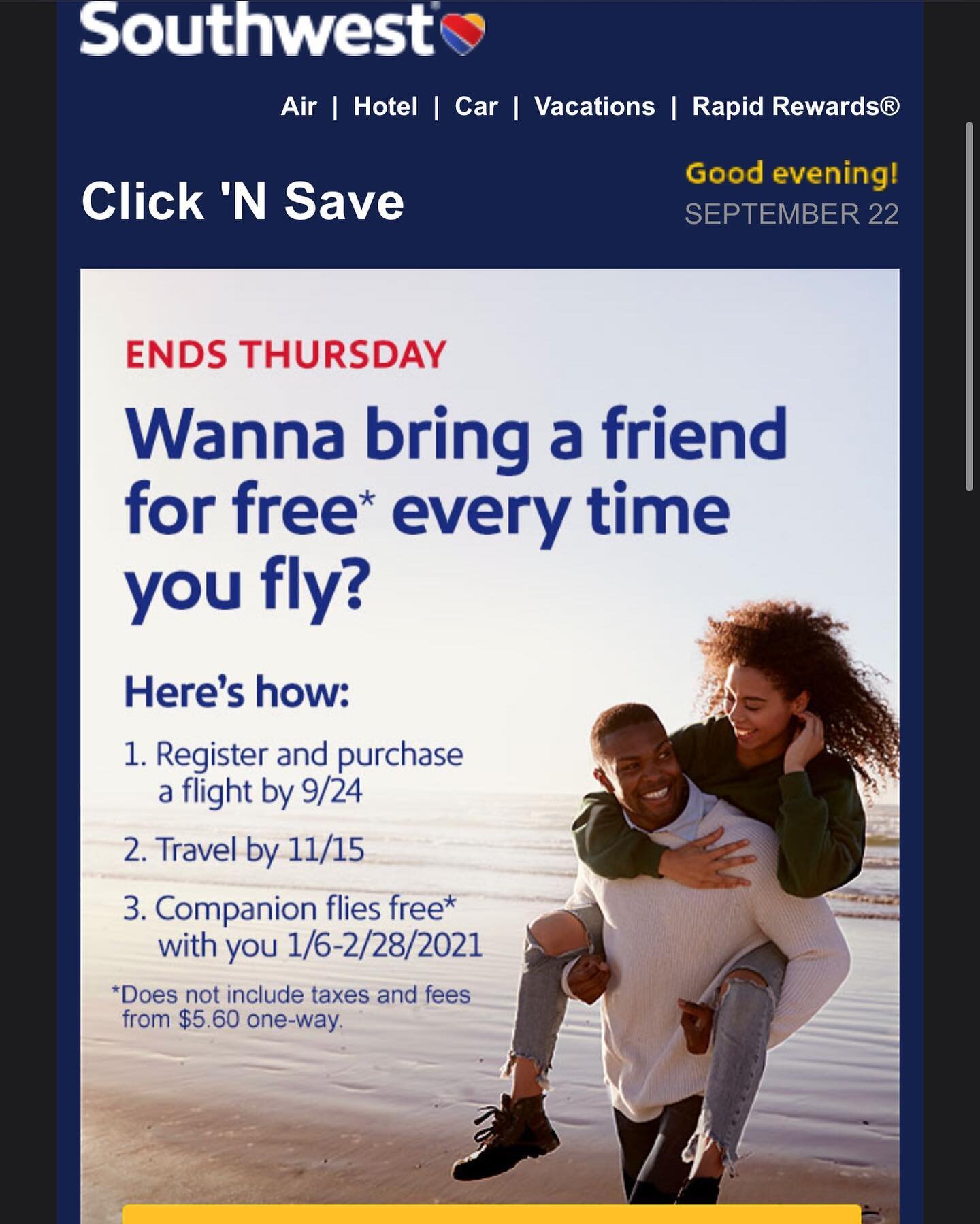 @southwestair is showing out with this one! Don&rsquo;t miss the chance to travel with a companion for FREE! Head over to @southwestair to register before September 24th.