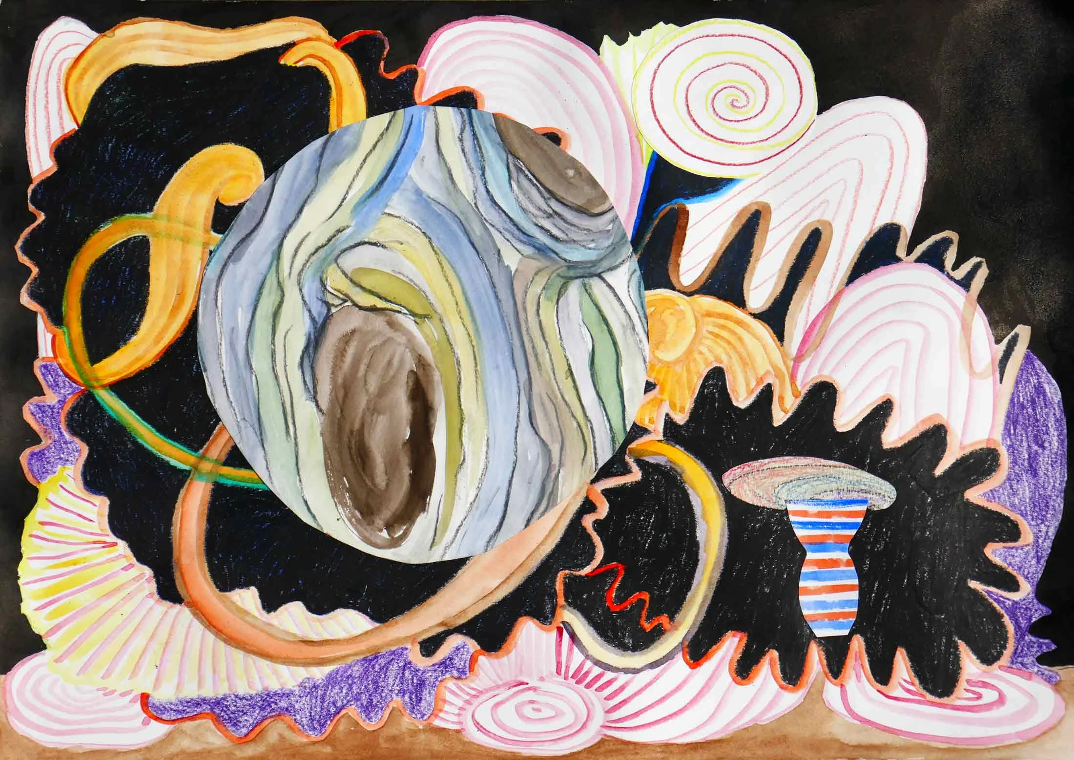 Planets & potterie collage, potlood, aquarel, inkt, gouache 29 x 42 cm, 2018