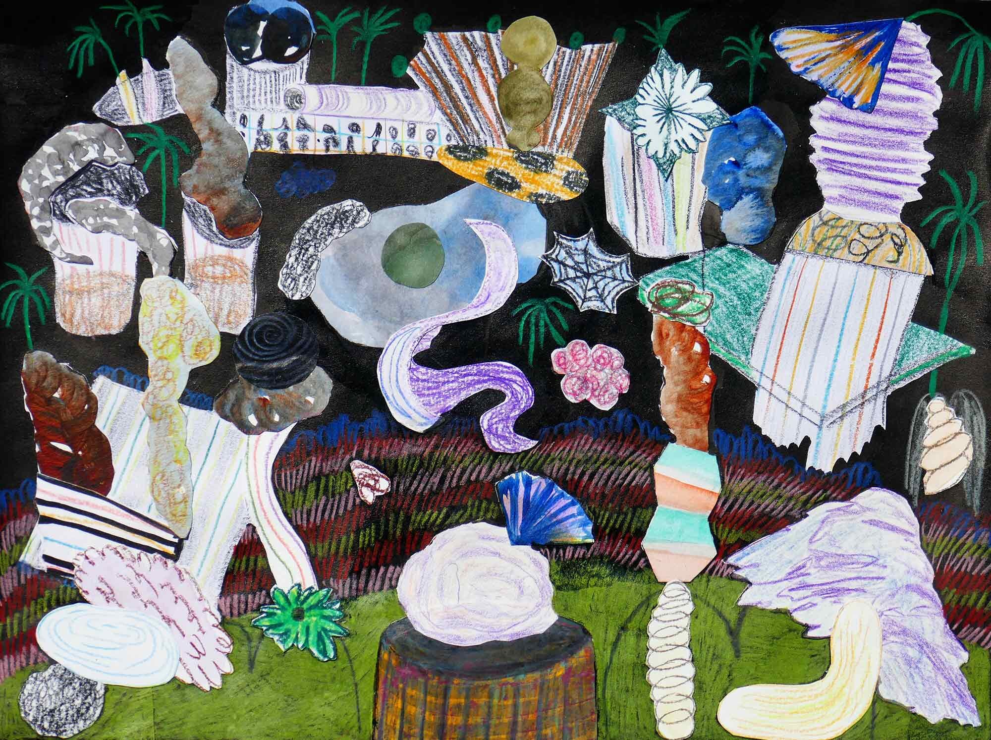   Restjes  ( Leftovers ) collage; inkt, acryl, potlood, aquarel 24 x 32 cm, 2020  