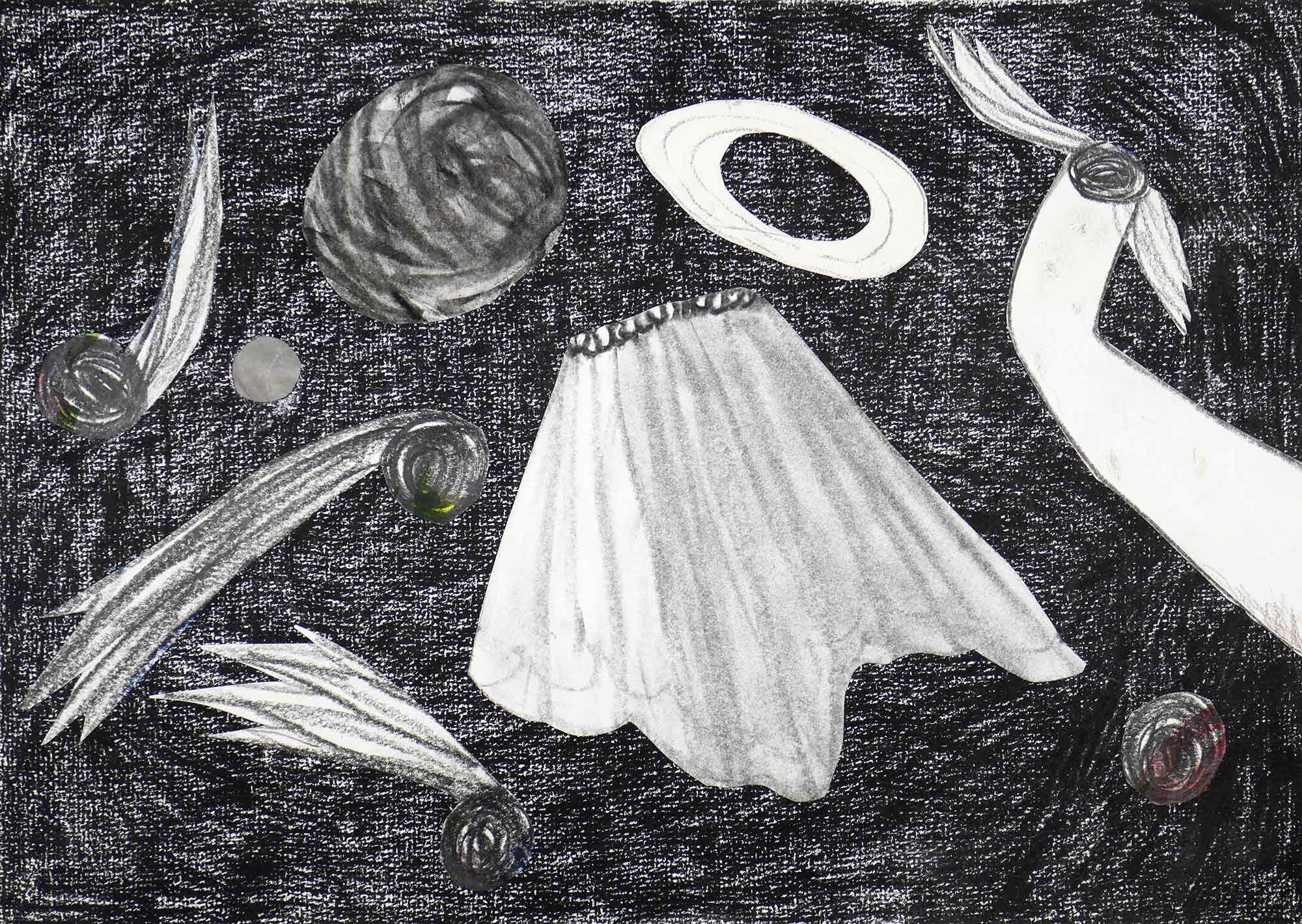   Het rokje  ( The skirt ) collage: potlood, houtskool 24 x 32 cm, 2020 