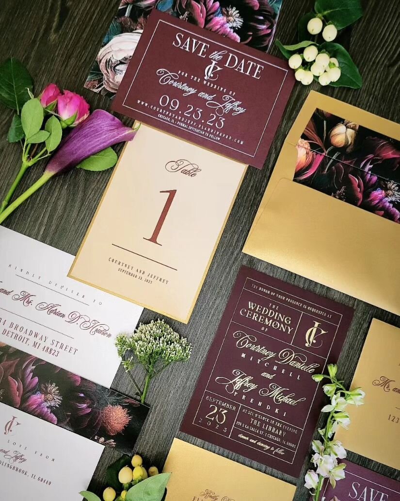 It's Wedding Day for Courtney &amp; Jeff! 🥳 We created this custom NP suite that included a wedding logo, white ink save the dates, gold foil soft touch invitations, floral envelope liner &amp; belly band, addressed envelopes, and day of stationery.