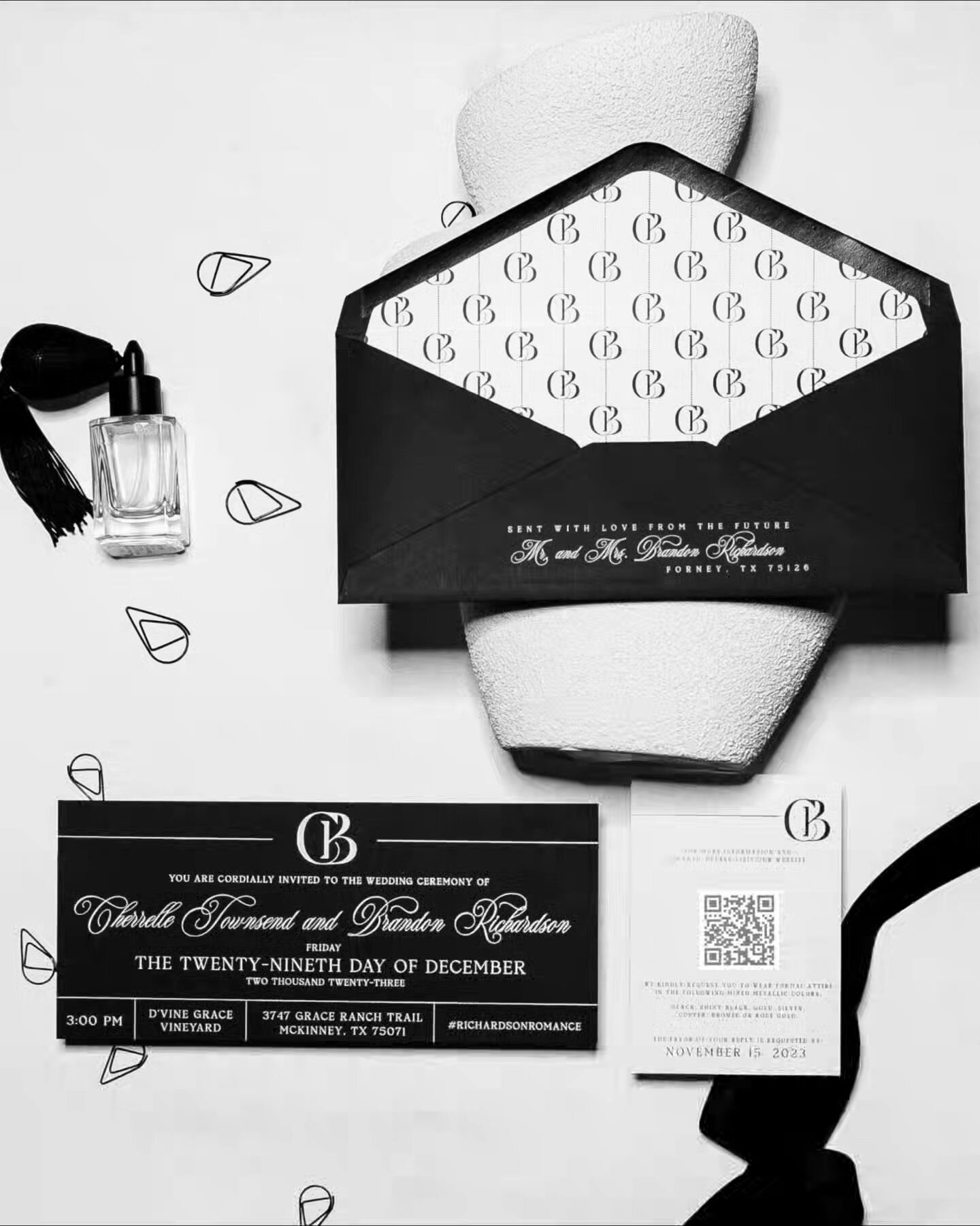 It's WEDDING DAY for Cherrelle &amp; Brandon!!!! 🖤 We created this custom black and white invitation suite, which included a wedding logo, white ink invite, and a patterned logo envelope liner! Wait until you see the day of stationery!! Stay tuned.