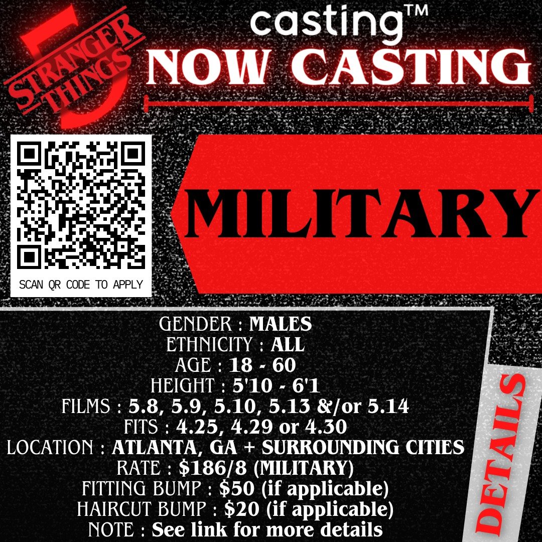 &quot;ST5&quot; // MILITARY // MALES // AGES 18-60 // FILMS MAY 8TH, 9TH, 10TH, 13TH &amp;/OR 14TH // FITS 4.25, 4.29 OR 4.30 // SUB REQUEST

CASTING TAYLORMADE (CASTING&trade;) IS CURRENTLY CASTING BACKGROUND ACTORS TO PLAY MILITARY. THESE ROLES WIL