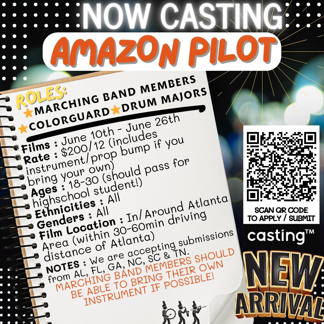 Casting&trade; // AMAZON PILOT // MARCHING BAND ROLES // AGES 18 - 30 // ALL GENDERS // ALL ETHNICITIES // SUB REQUEST

FEEL FREE TO SHARE THIS WITH ANYONE YOU THINK MIGHT FIT THIS DESCRIPTION

CASTING TAYLORMADE (CASTING&trade;) IS EXCITED TO ANNOUN