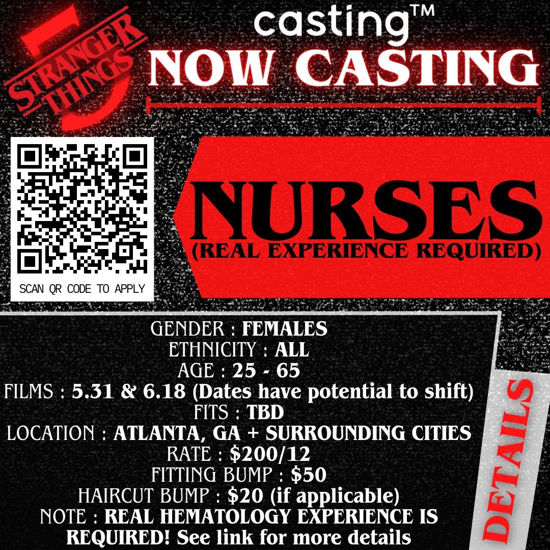 &quot;ST5&quot; // NURSES - REAL EXP // FEMALES // AGES 25-65 // FILMS 5.31 &amp; 6.18 // FITS TBD // SUB REQUEST

CASTING TAYLORMADE (CASTING&trade;) IS CURRENTLY CASTING REAL NURSES WITH HEMATOLOGY EXPERIENCE. THIS ROLE WILL FILM ON MAY 31ST &amp; 