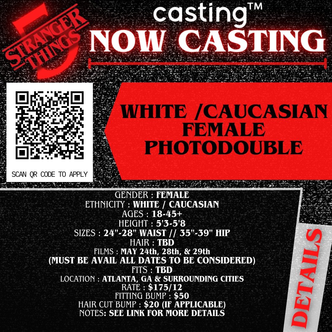 &quot;ST5&quot; // CAUCASIAN FEMALE PHOTODOUBLE // AGES 18-45+ // FILMS 5.24, 5.28 &amp; 5.29 // SUB REQUEST

CASTING TAYLORMADE (CASTING&trade;) IS CURRENTLY CASTING A WHITE/CAUCASIAN FEMALE PHOTODOUBLE TO FILM MAY 24TH, 28TH, &amp;  29TH. THIS ROLE