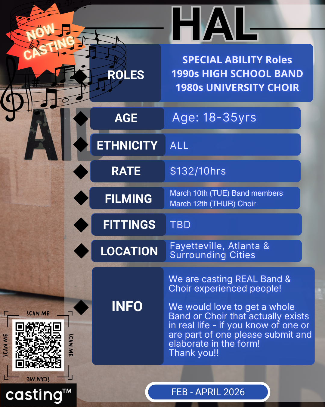 "HAL" FEATURE FILM // REAL BAND 3/10 &amp; REAL CHOIR 3/12 EXPERIENCED ADULTS ONLY(AGES 18-35)// SUBMISSION REQUEST