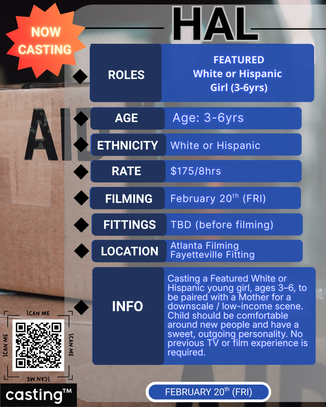 "HAL" FILM // FEATURED HISPANIC GIRL (AGES 3-6yrs)// FILMING 2.20// SUBMISSION REQUEST