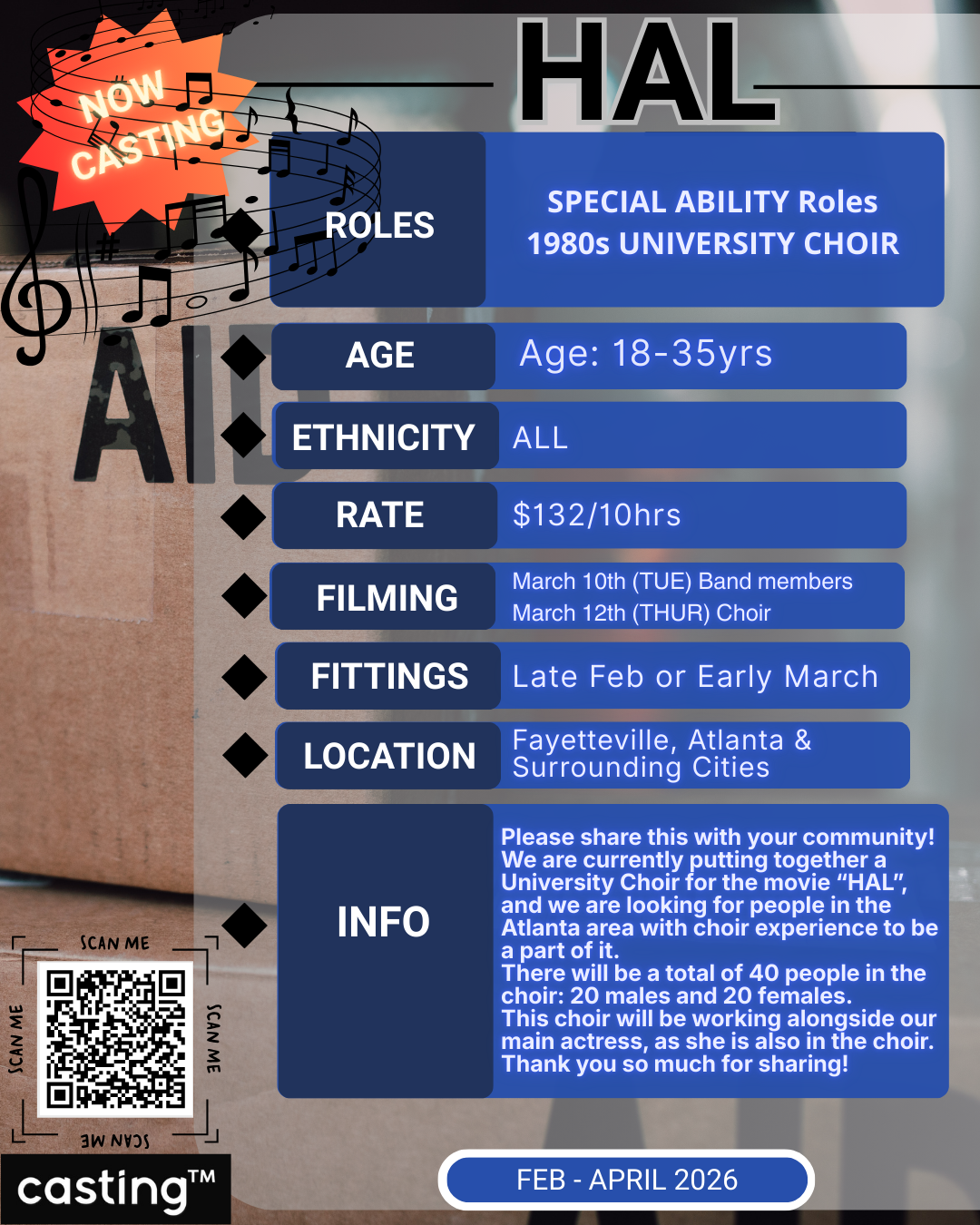 "HAL" FEATURE FILM // REAL CHOIR 3/11 or REAL BAND 4/20 EXPERIENCED ADULTS ONLY(AGES 18-35)// SUBMISSION REQUEST