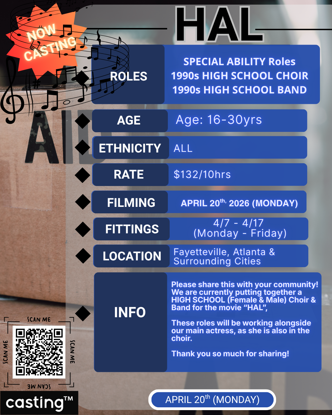 "HAL" FEATURE FILM // REAL CHOIR 4/20 EXPERIENCED ADULTS ONLY(AGES 18-30)// SUBMISSION REQUEST