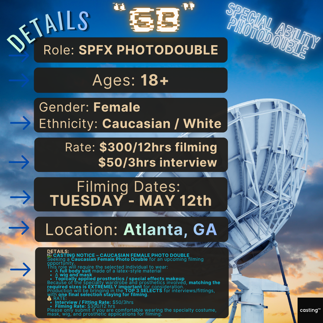 "GB" // PROSTHETIC PHOTODOUBLE // SEE SPECIFICS // INTERVIEW &amp; FILMING - TUESDAY, MAY 12th