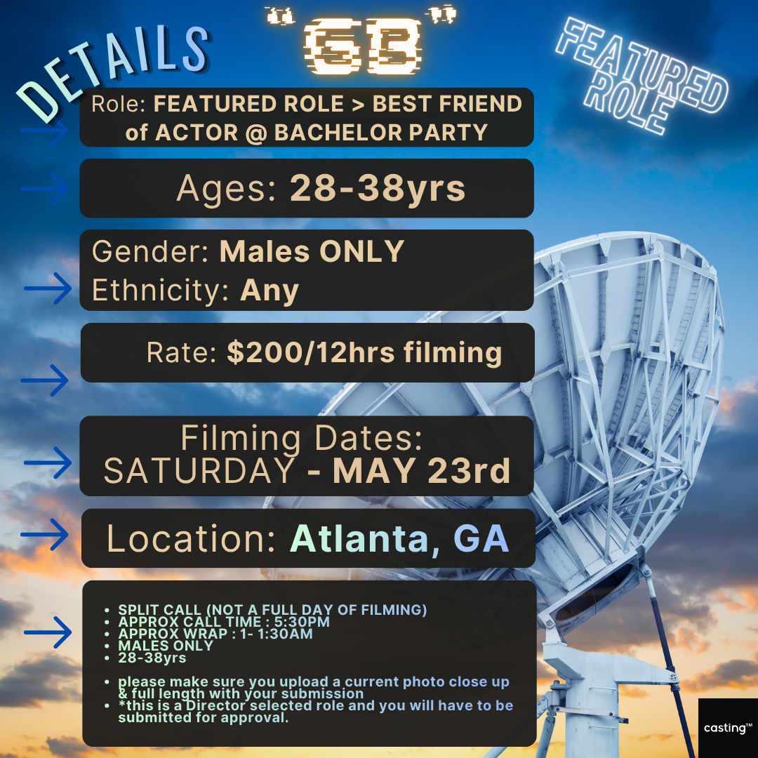"GB" // FEATURED MALE ROLE - BEST FRIEND of ACTOR @ BACHELOR PARTY // FILMS 5.23 (SATURDAY) // SEE SPECIFIC DETAILS