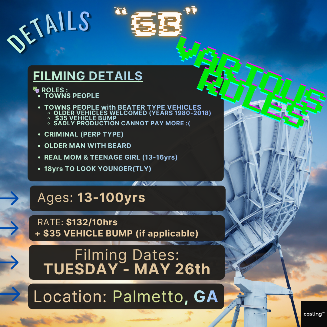 "GREEN BANK" // VARIOUS TOWNS PERSON ROLES // FILMING: TUESDAY - MAY 26th // SUB REQUEST 