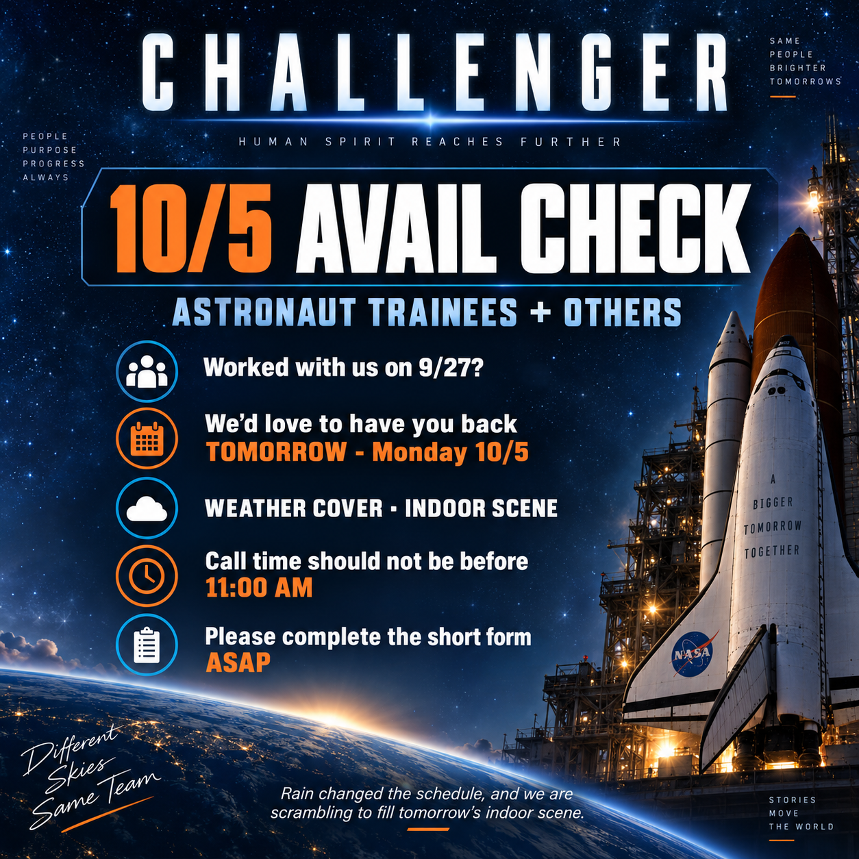 "CHLN" // AVAIL CHECK // MONDAY - OCTOBER 5th // ASTRONAUT APPLICANTS