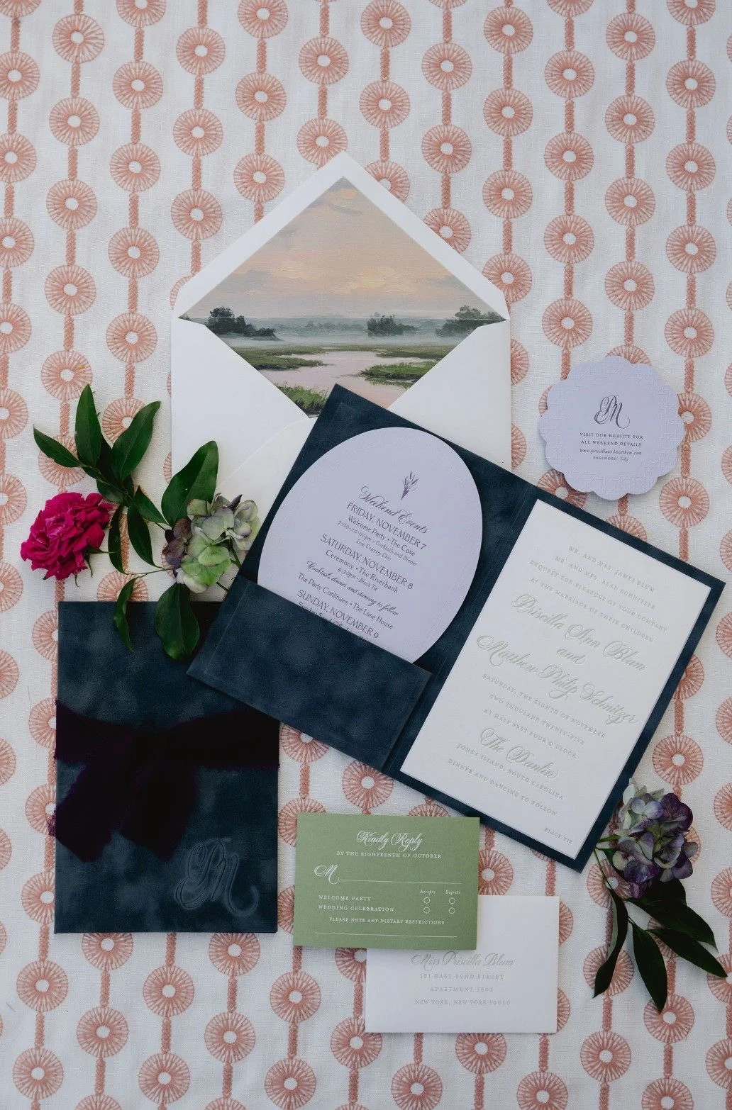 Priscilla and Matthew entrusted us to design an intimate weekend where the guest experience led every decision. From the flat lay to the final candlelit dinner, each detail was thoughtfully considered within a cohesive, romantic palette.

Layered flo