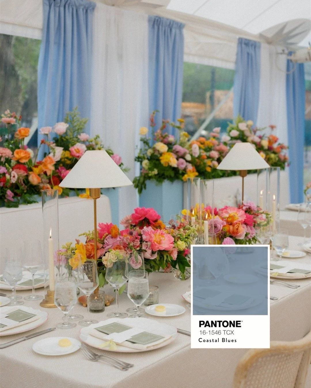 Pantone blues, softened by florals in bloom. Layered tones, subtle contrast, and just enough color to bring it all to life. 💛

Planning, Paper &amp; Design: @mariee_ami
Speciality Rentals: @borrowedbyjd
Venue: @montagepalmettobluff
Design, Floral De