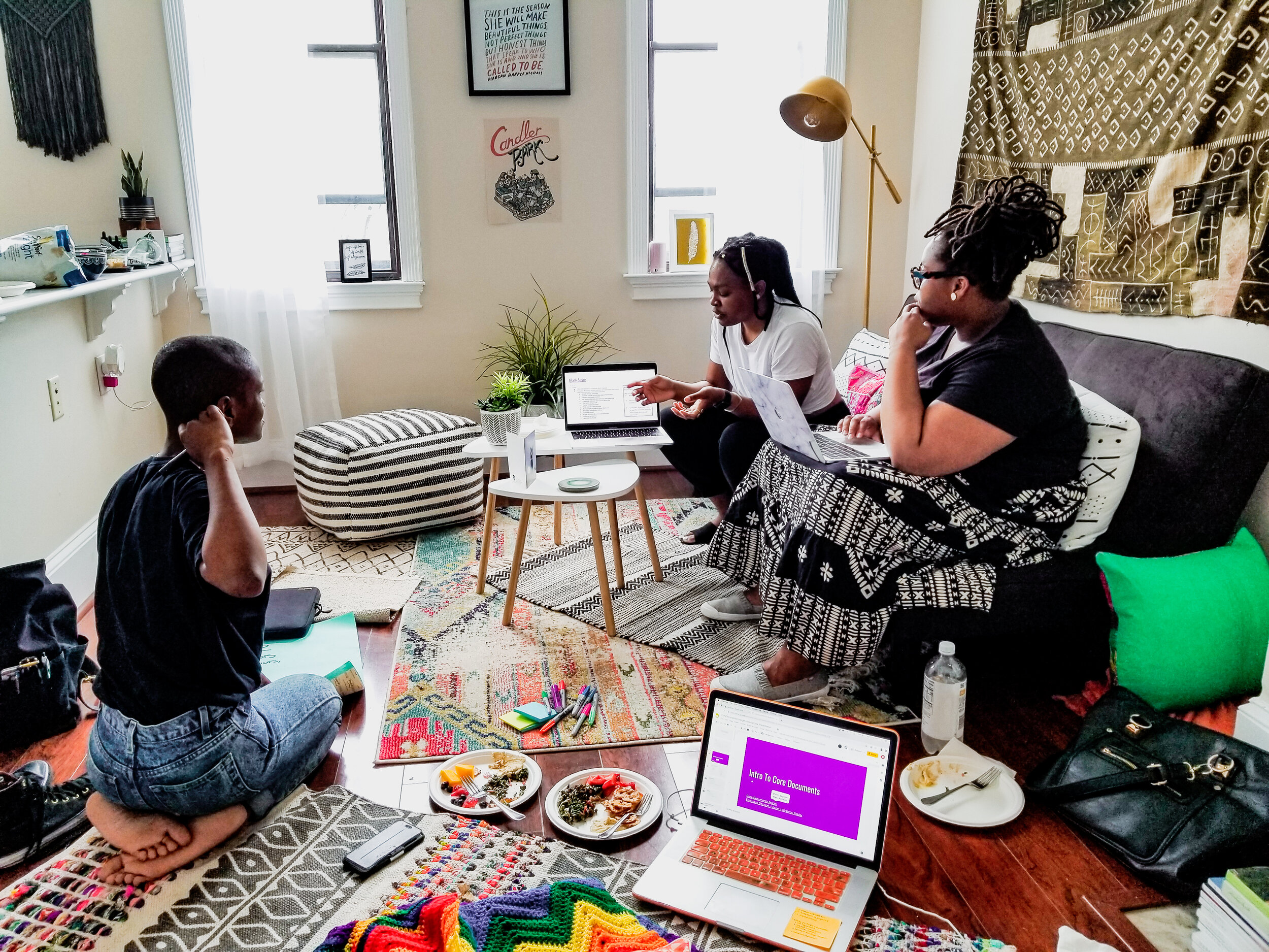  Collective Building Team Meeting - Myself (left), Zahni and Precious discussing our team’s qualitative data findings from our previous session 