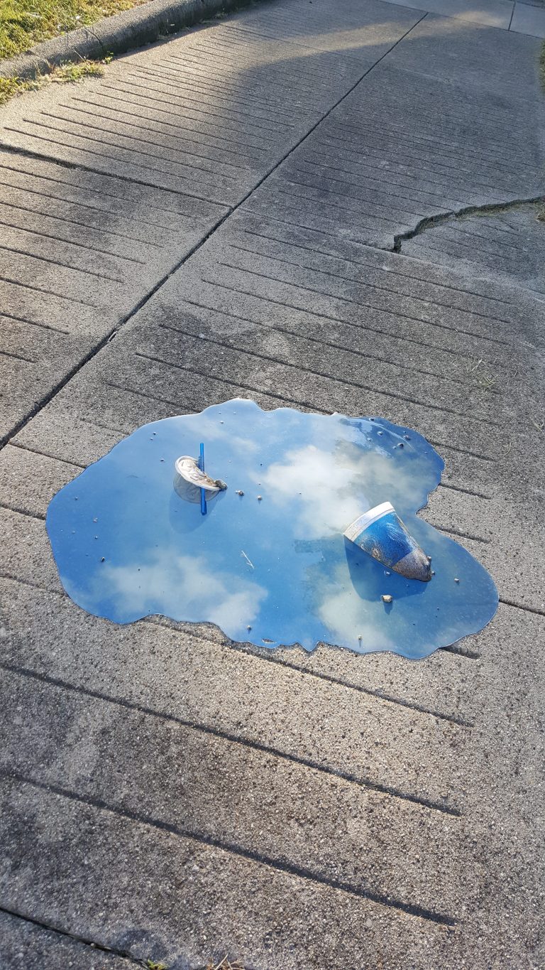 Jeffrey Michael Austin, Puddles (Clouds), resin, found objects, paint, and digital print, Terrain Biennial 2017. Photo courtesy of DEMO Projects.
