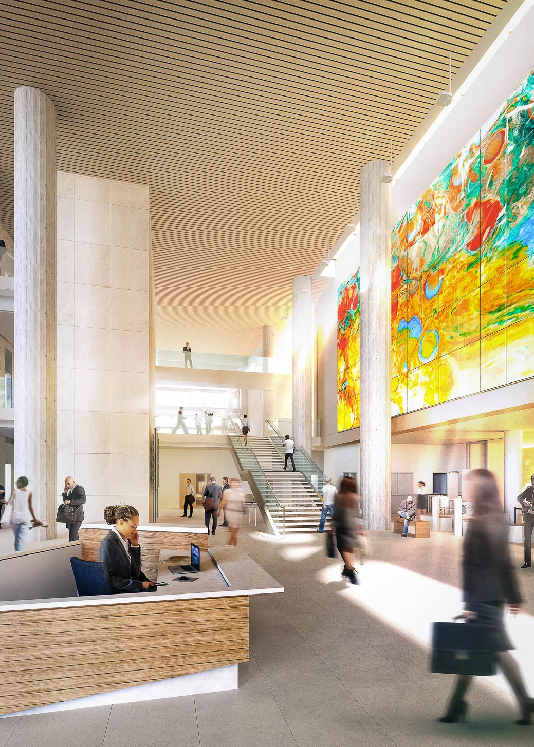 Rendering of Lynn Basa’s glass artwork for the new Multnomah County Central Courthouse in Portland, Oregon. Fabrication by Bullseye Studio, project funding by Multnomah County Percent for Art, and project management by Regional Arts & Culture Council (RACC). Image courtesy of SRG Partnership.