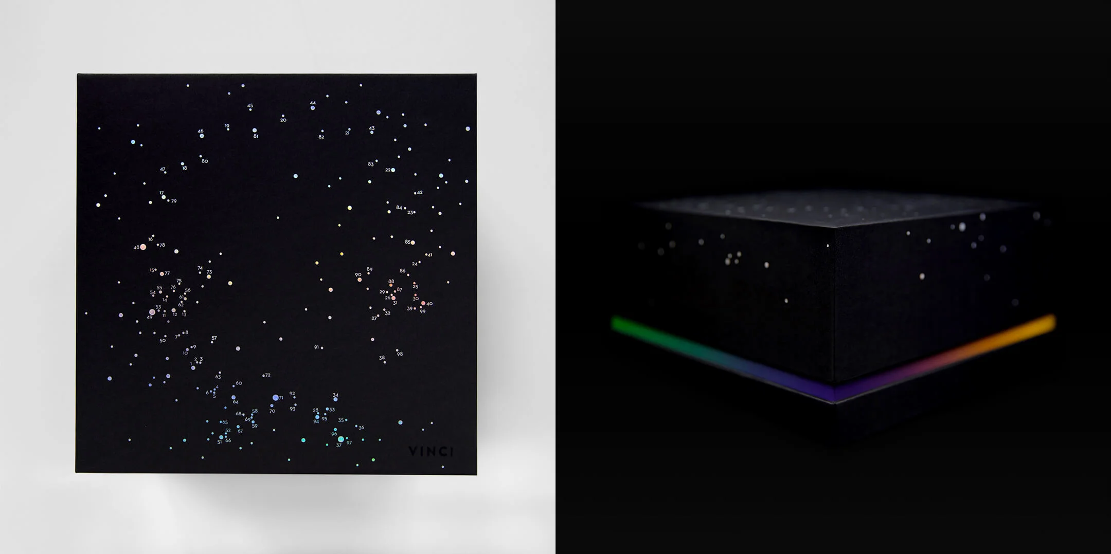  The box is covered with matte black paper and decorated with holographic silver foil. The scattered star dust silver dots depict the depth of universe and reflect chromatic tones as lighting shifts.  By joining the dots with lines according to the a