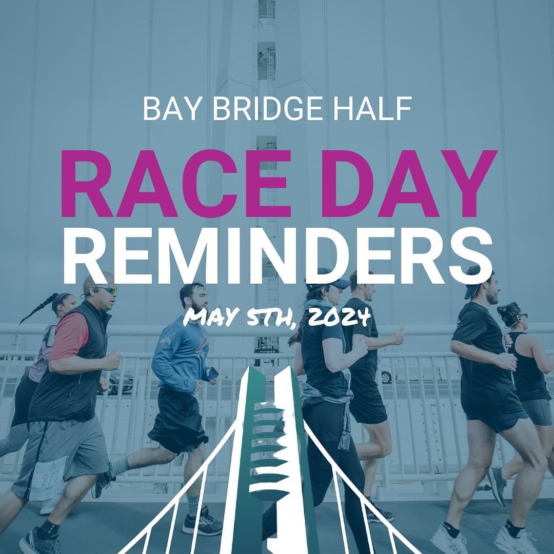 RUNNERS READ ME 📢 Here are your important need-to-know&rsquo;s for the Bay Bridge Half Marathon! Swipe to find all the information to get you ready at the start line and partying after the finish line! #Baybridgehalf