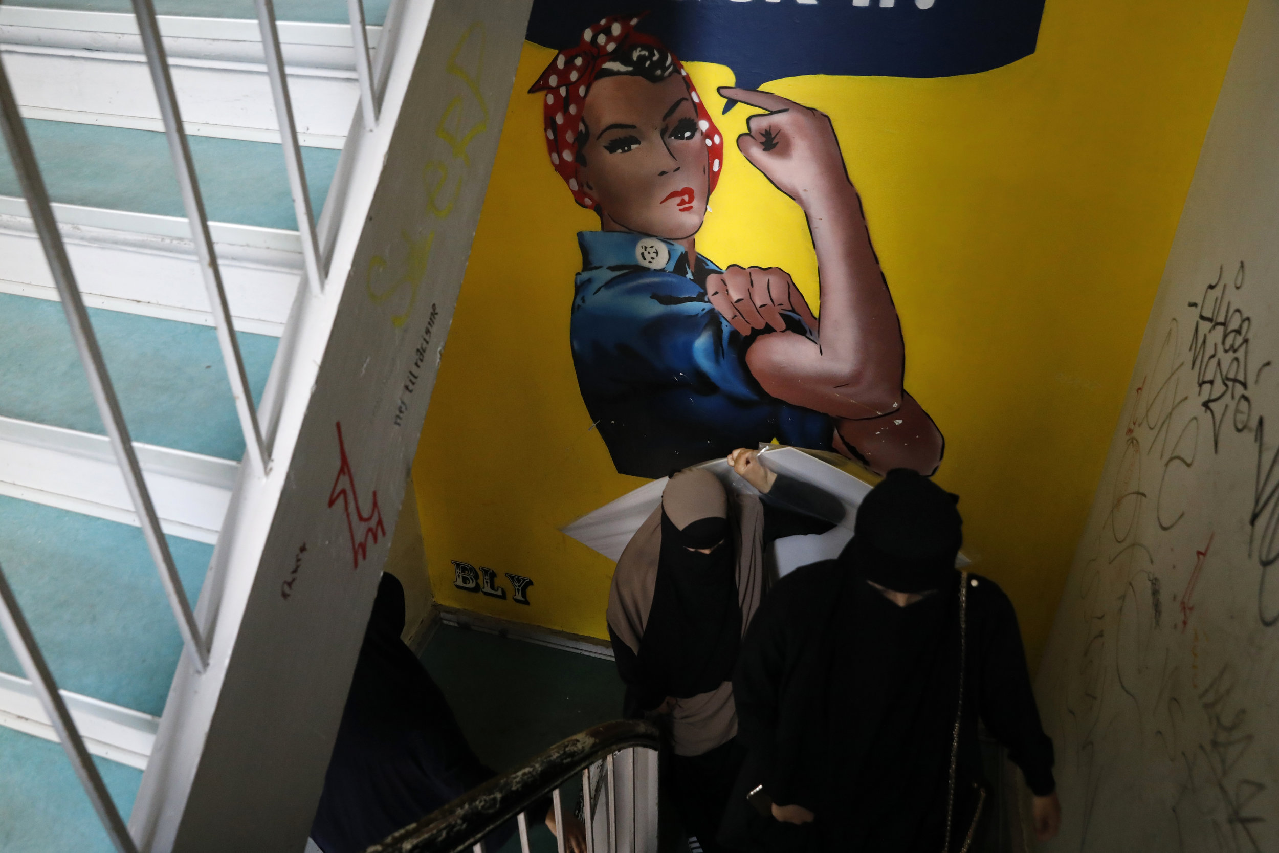  Members of the group Women in Dialogue arrive at the People’s House, a hub for activists in Copenhagen.  A number of western Danish activist groups supported the niqab wearers of Denmark and used their experience and community to help organize the A