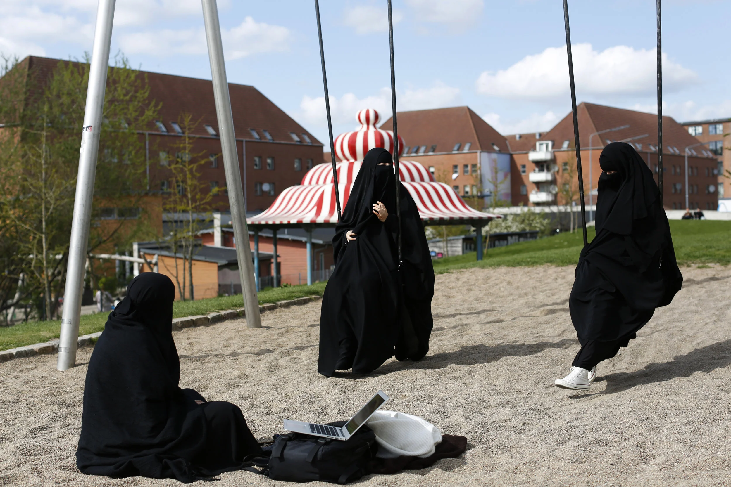  Amira, Sabina and Zaynab meet after class in a recently developed park called Superkilen.  Their mothers support their decision to wear niqabs but do not wear them themselves.  