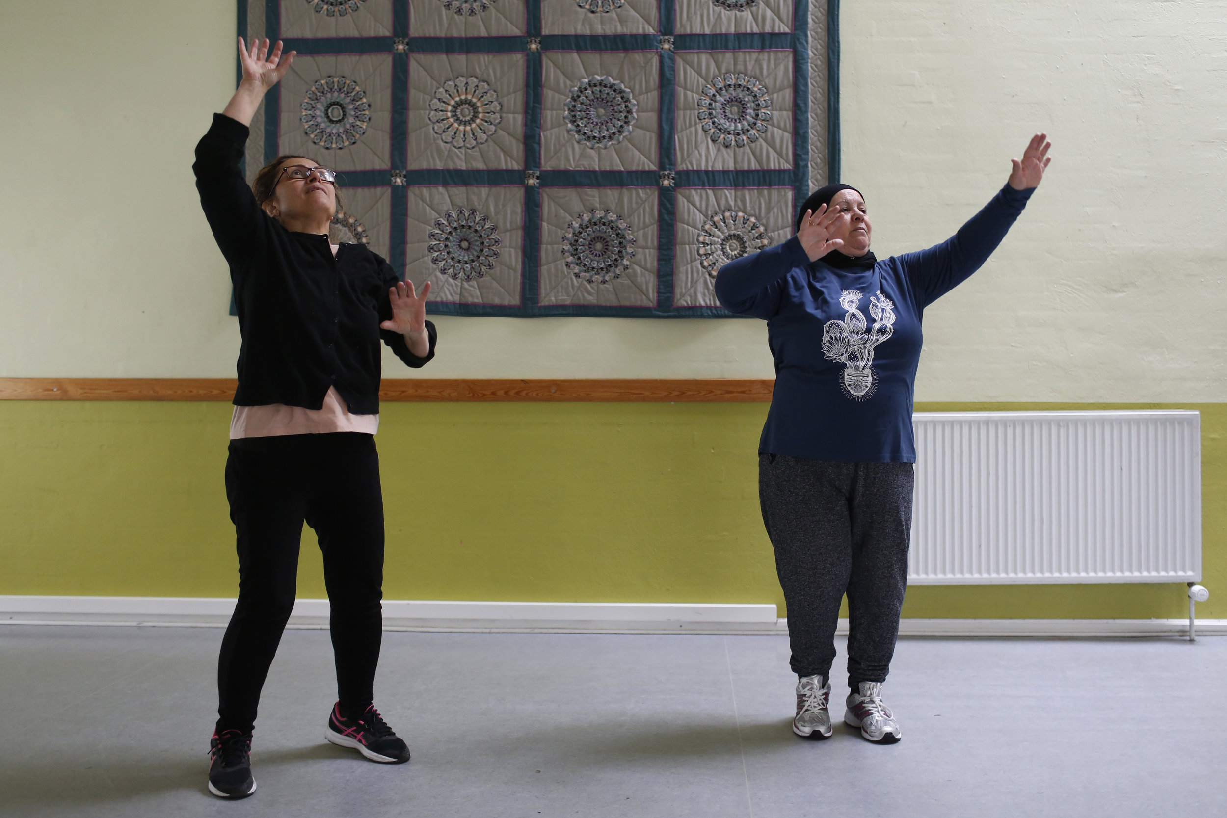 Sara and Tounes participate in a zumba class. The class is taught by volunteers and is taught in a women’s only environment.