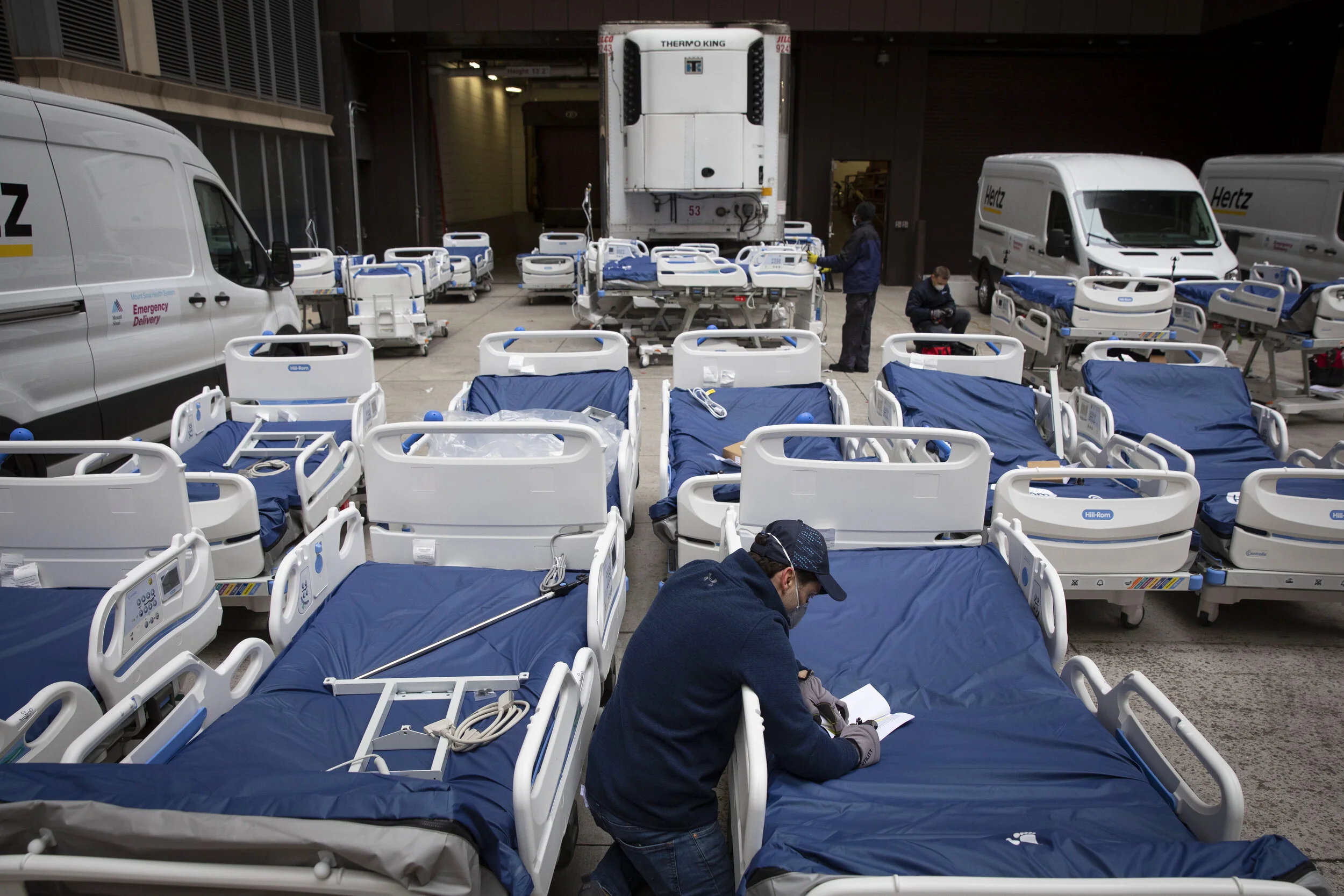  A delivery of 64 new hospital beds to Mount Sinai Hospital are checked. The hospital increased its capacity to deal with the patient intake increase due to the coronavirus disease. 