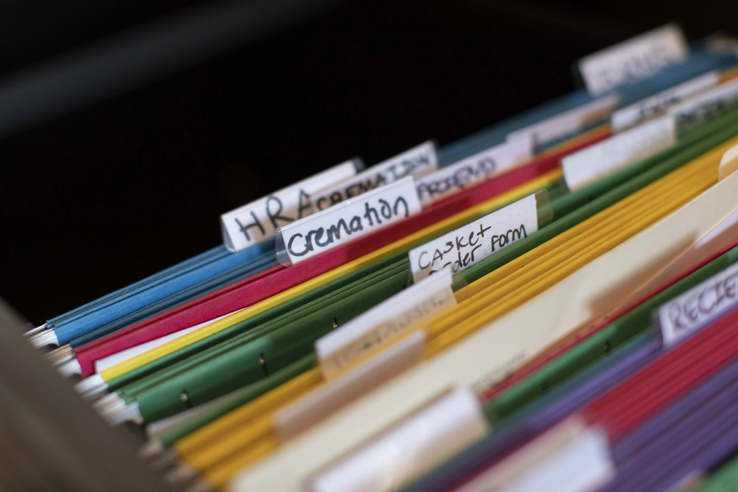  The filing cabinet seen in the office of the funeral home.  