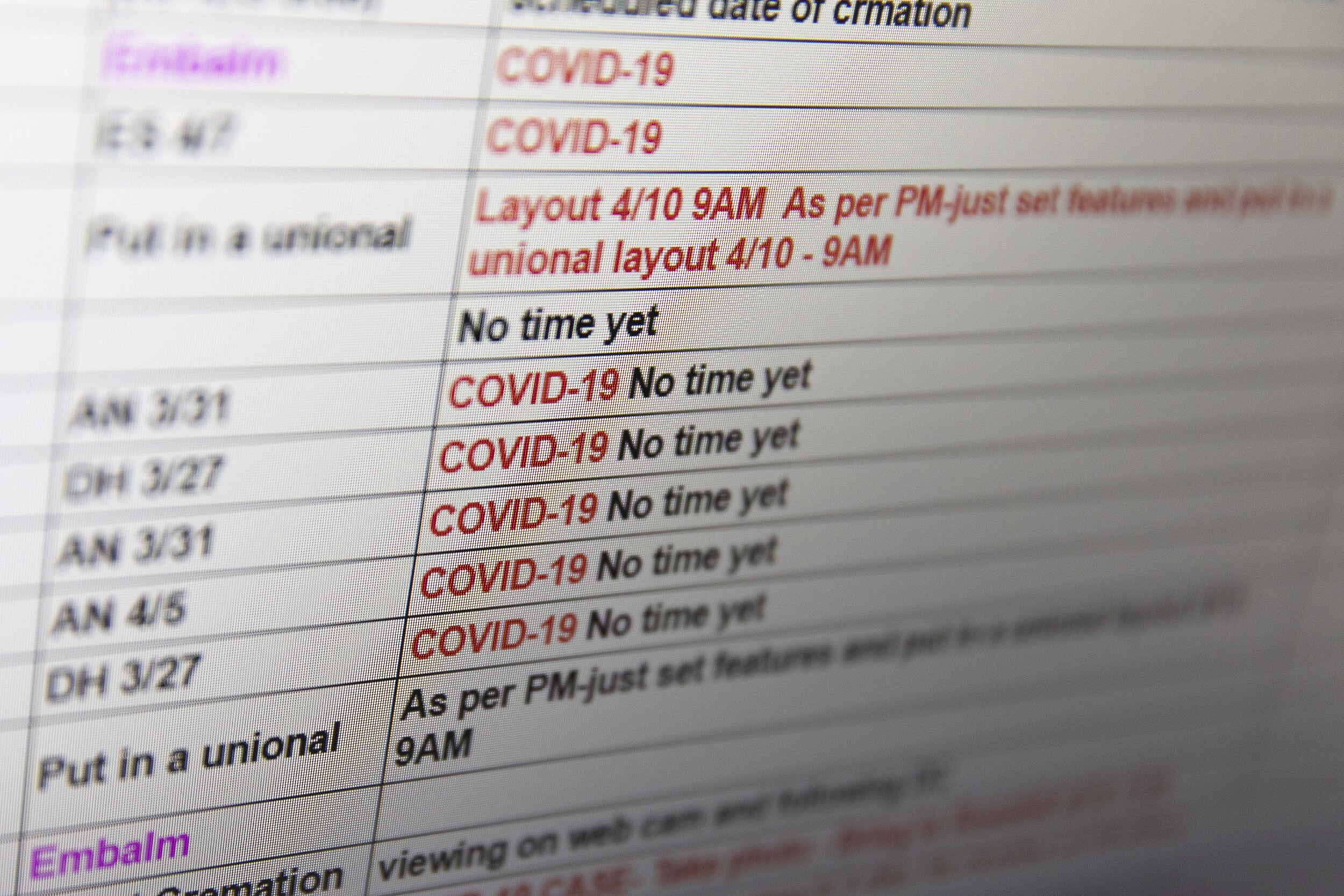  A spreadsheet displays the roster at the International Funeral &amp; Cremation Services.  