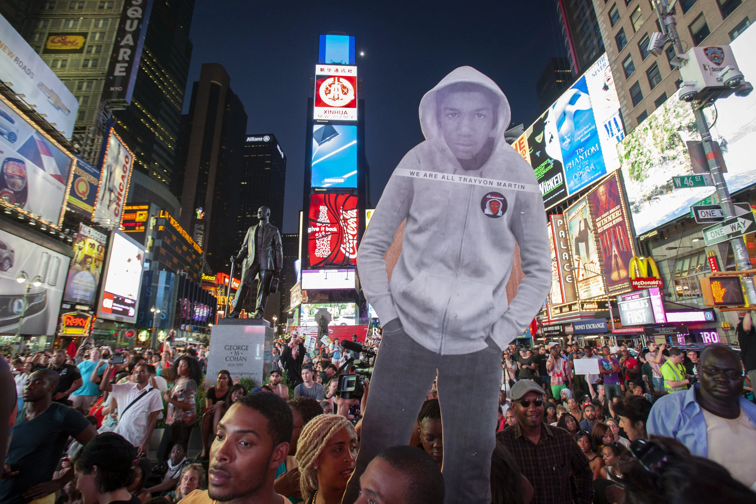  A cutout of Trayvon Martin is held up as demonstrators gather in Times Square to protest the acquittal of George Zimmerman, who shot and killed Trayvon in Florida. 